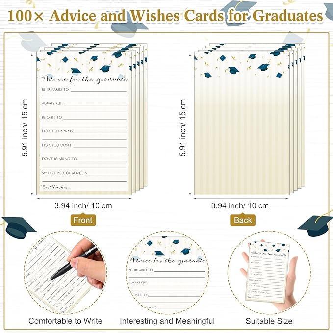 113 Pcs Class of 2026 Graduation Party Favors Include 1 Advice and Wishes Wooden Sign 100 Graduation Advice Cards with 12 Fineliner Ink Pens for The Graduate Class of 2026(Blue)