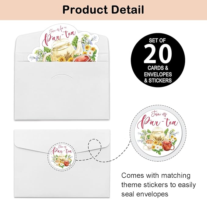 REWIDPARTY 20 Pack Floral Tea Party Invitation Cards with Envelopes & Stickers, Watercolor Floral Shaped Fill-in Invitations Let's Par-Tea Invites Cards Tea Birthday Party Supplies for Kids Adults
