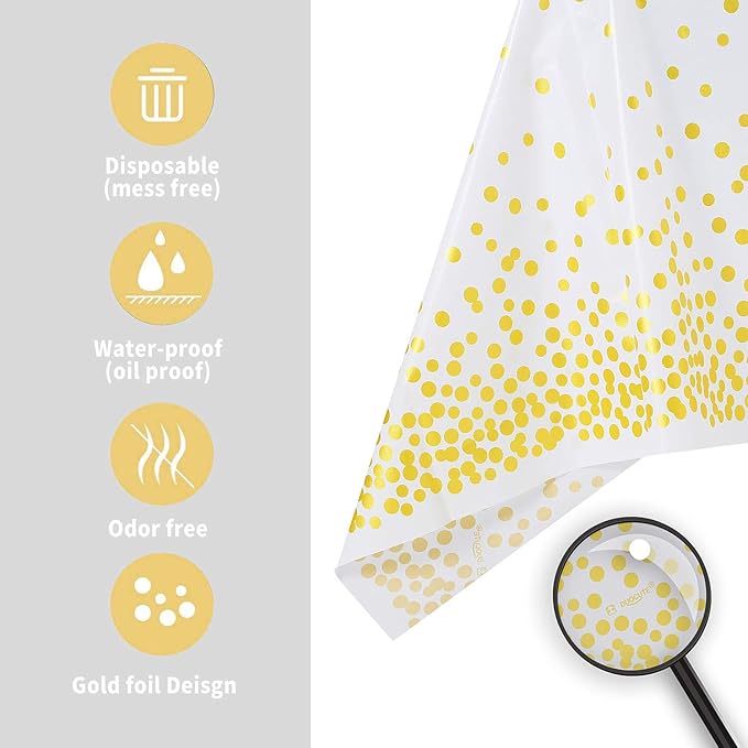 White and Gold Tablecloths for Party 4 Packs, 54X108 inch Gold Dot Confetti Disposable Rectangular Plastic Table Cover for Bridal Shower Engagement Wedding Birthday BBQ Party New Year Eve 2025