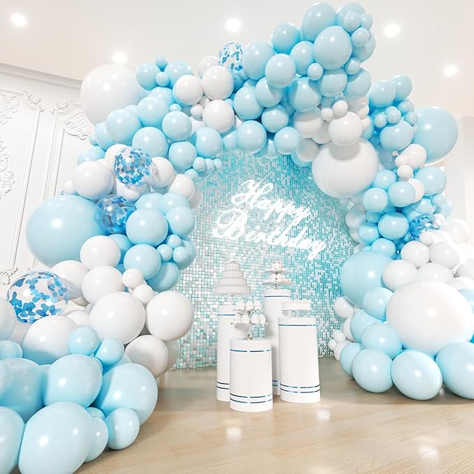 Blue and White Balloons Garland Arch Kit with Stars 200Pcs - 5 10 12 18 22 inch Balloon and Confetti Balloons for Baby Shower Gender Reveal Boy Birthday Anniversary Wedding Party Decorations