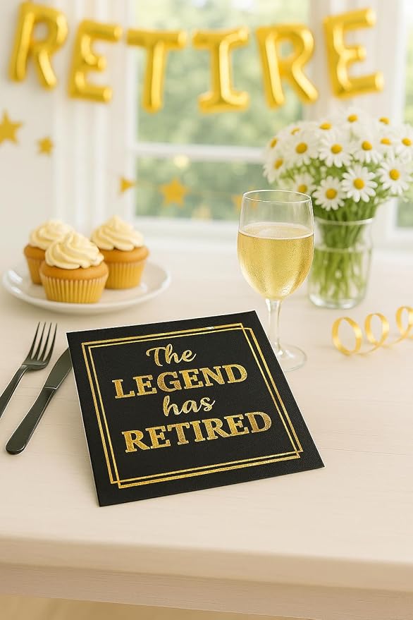 100‑Pack ‘The Legend Has Retired’ Black & Gold Napkins – 2‑Ply Cocktail, Lunch & Dinner Party Napkins – Elegant, Disposable Retirement Party Decoration – 6.5″ x 6.5″ Folded (Large, 100, Count)
