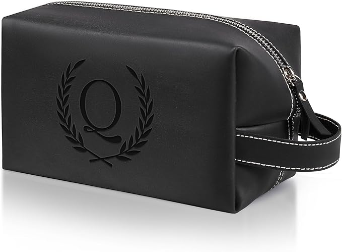 Personalized Gifts Travel Toiletry Bag for Men Engraved Initial PU Leather Waterproof Shaving Bag for Toiletries Accessories Fathers Day Birthday Gift for Men Dad Husband Son, Black Q