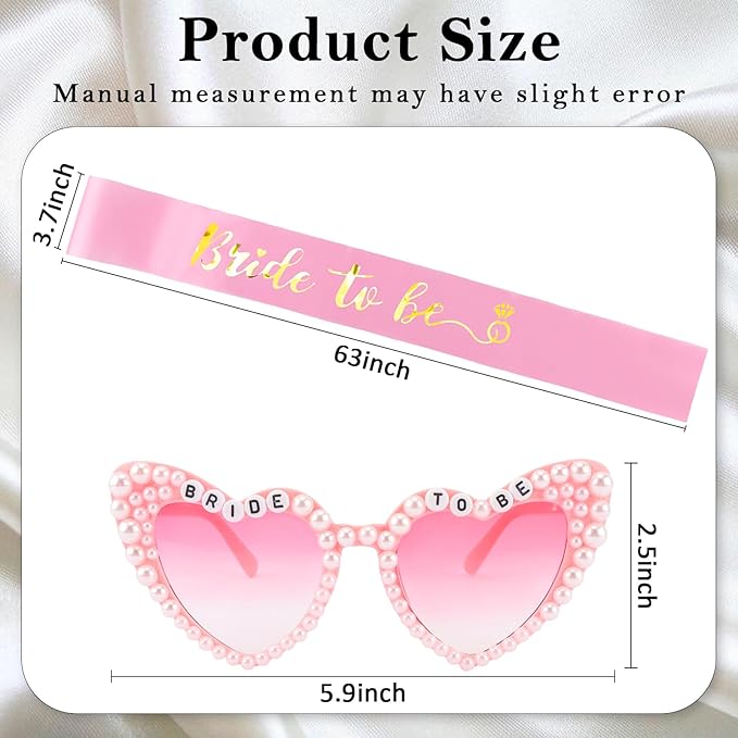 Bride to Be Set: Pearl-Trimmed Heart Sunglasses, Pearl BRIDE Sash & Tulle Veil - Bachelorette Party Bridal Accessories