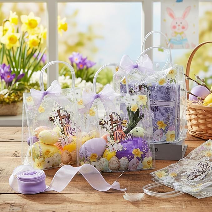 Henoyso 24 Pcs Easter He Is Risen Clear Gift Bags Christian Religious Plastic Goodie Treat Candy Bags with Handles Reusable PVC Party Favor Tote for Birthday Party Gift Wrapping, 7.8 x 7.8 x 3.1 Inch