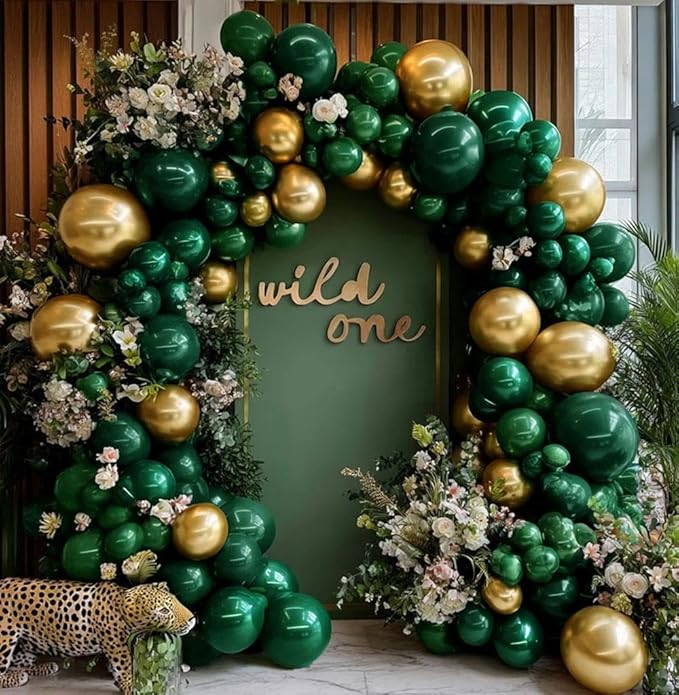 Emerald Green Gold Balloons Garland Double Stuffed Dark Green Gold Balloons Hunter Forest Metallic Arch Kit for Birthday Baby Shower Jungle Graduation Party Decorations