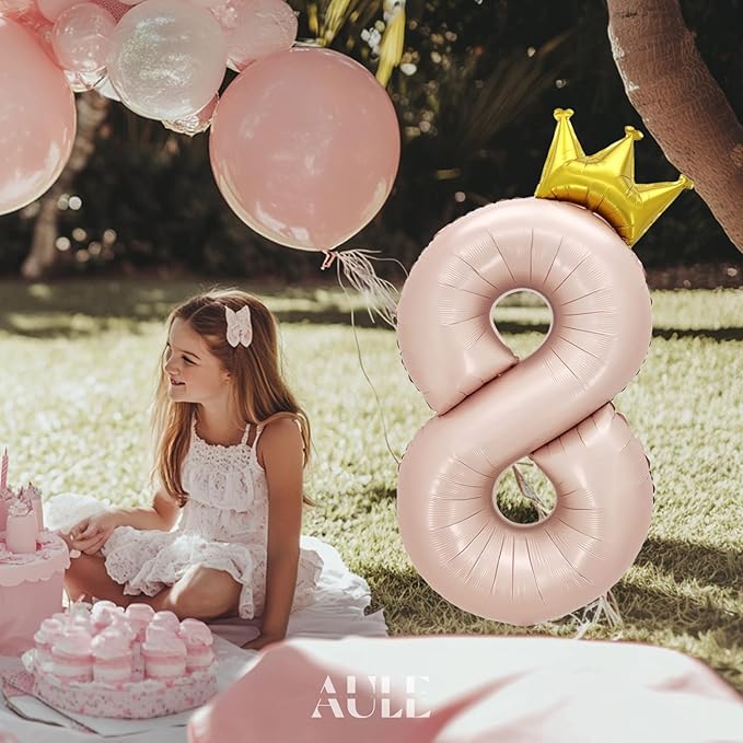 AULE 40 Inch Big Pink 8 Balloon Number with Crown Large Foil Helium Number Balloons 0-9 Jumbo Giant Happy 8th Birthday Party Decorations Huge Mylar Anniversary Party Supplies