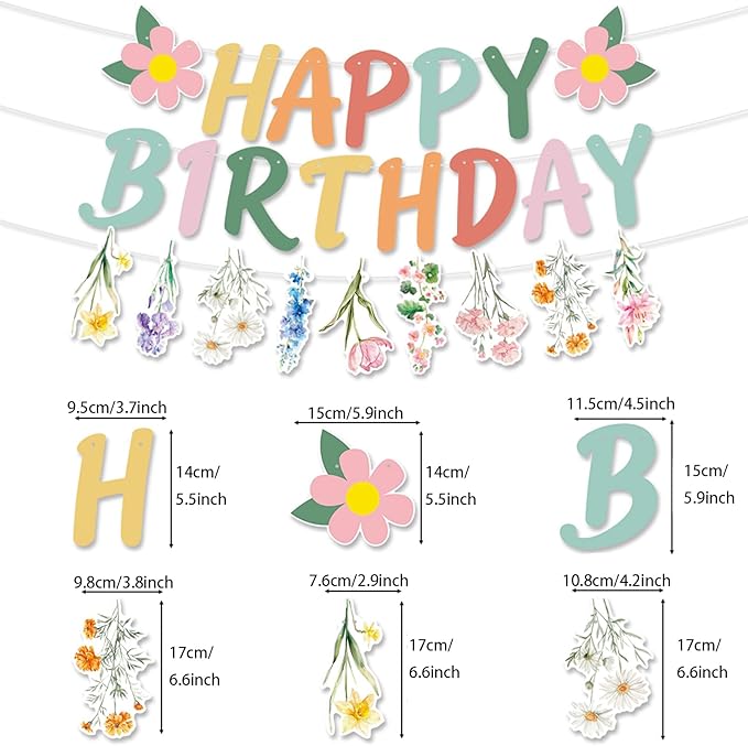 Zwiebeco Multicolored Flowers Happy Birthday Banner Bunting Hanging Paper Swirls Garland Party Decorations for Spring Summer Themed Boys Girls Kids Baby Shower Bday Decor Accessories Supplies