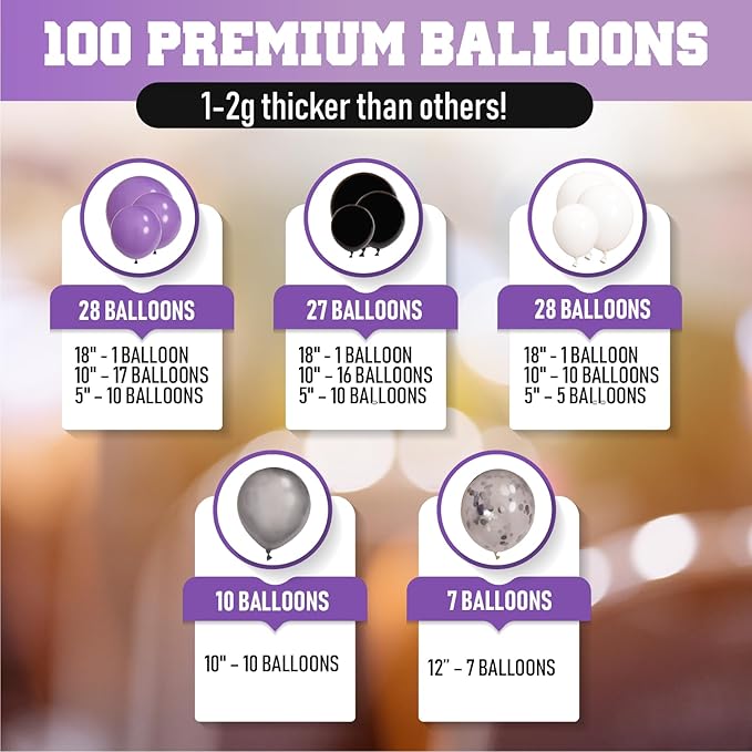 ALL-IN-1 Purple and Black White Balloons Garland & Arch Kit – Small and Large White Purple and Black Balloons – Party Decorations for Graduations, Birthdays, Retirement, Halloween – Wednesday