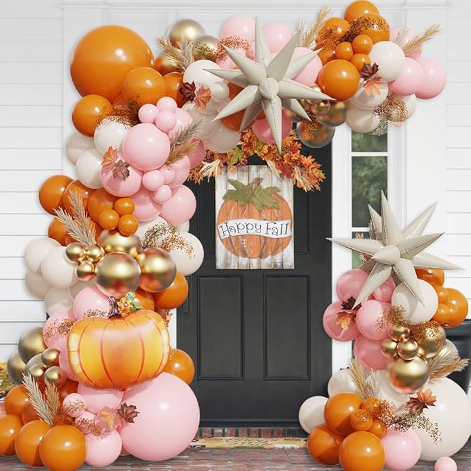 Pink Fall Balloons Garland Arch Kit - 149pcs Burnt Orange Nude Pink Gold Balloons with Pumpkin Foil Balloon for Thanksgiving Autumn Fall Birthday Party Decorations