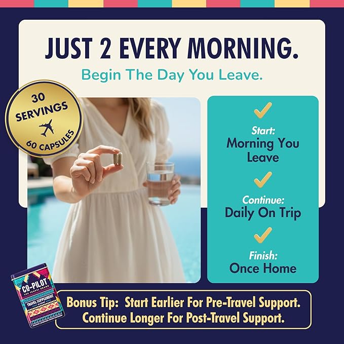 Original Travel Supplement | Jet Lag Remedy & Relief for Travel | Airplane Flight Essentials | Energy, Immune, Digestion | Ashwagandha, Rhodiola, D3 | Vegan, 60 Count