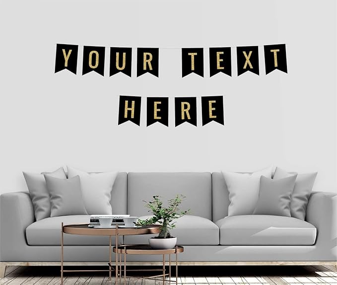 Andaz Press Fully Personalized Faux Gold Glitter on Black Party Banner Decorations, Your Text Here, Approx 5-Feet, 1-Set, Birthday Graduation Anniversary Wedding Colored Hanging Pennant Decor, Custom