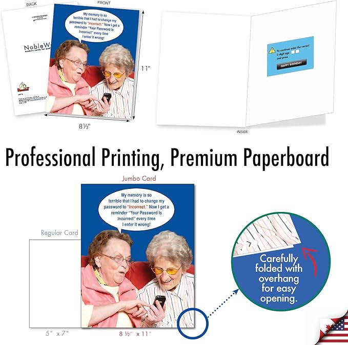 NobleWorks - 1 Big Humorous Happy Birthday Appreciation Card 8.5 x 11 Inch with Envelope, Jumbo Greeting a Funny Cell Phone Congratulations for Grandma and Old Ladies - Incorrect Password J9912