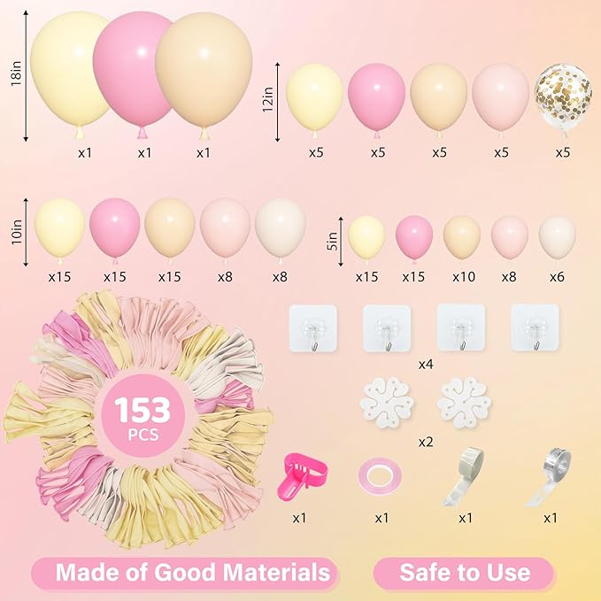 Amandir 153pcs Pink and Yellow Balloon Arch Garland Kit, Different Sizes 18 12 10 5 inch Pink Pastel Yellow White Sand Cream Gold Confetti Balloons for Birthday Party Bee Bear Shower Decorations