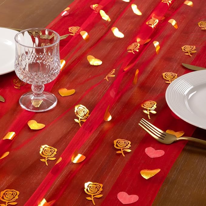Socomi Valentine's Day Rose & Heart Table Runner Gold Gauze Sheer Romantic Sequin 10FT Glitter Metallic Foil Dining Wedding Birthday Party Baby Shower Holiday Centerpiece Table Decor Red