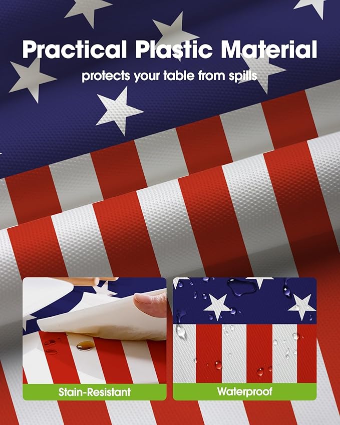 Pureegg 4th of July Decorations USA 250th Anniversary Plastic Tablecloth 6 Pack, Patriotic American Flag Waterproof Table Cover 54 x 108 Inch for Independence Day BBQ Picnic Party
