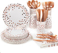 Party Supplies Set - 280 Pieces of White and Rose Gold Dot Paper Plates, Cups, Napkins, and Heavy Duty Silverware for 40 Guests for Birthdays, Graduation, Wedding, Festivals