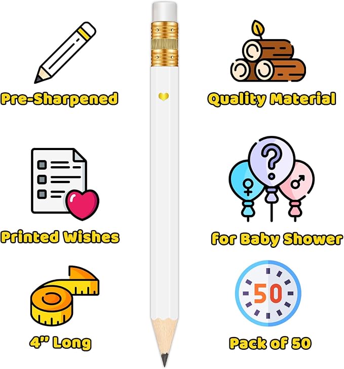 50Pcs – Baby Shower Sharpened Half Pencils with Erasers, Pre-sharpened Pencils for Baby Shower Games, 4 Inches