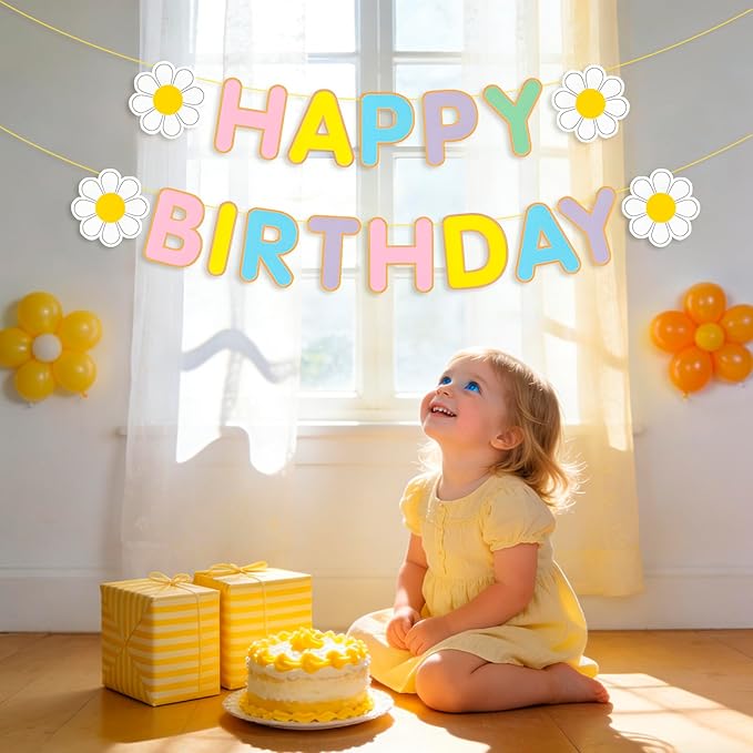 MEETINGU Daisy Flower Happy Birthday Banner,Multi Color Happy Birthday Banner,Daisy Party Decorations, Daisy Themed Birthday Banner for Girls Boys Women Kids, Daisy Birthday Party Decorations