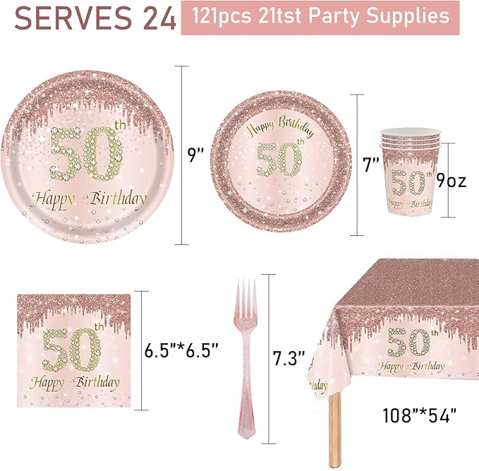 121Pcs 50th Birthday Party Supplies Plates Napkins Cups Forks Tablecloth Rose Gold Happy 50th Birthday Themed Disposable Tableware Decorations Serves 24 Guests for Women Ladies 50 Years Old Birthday