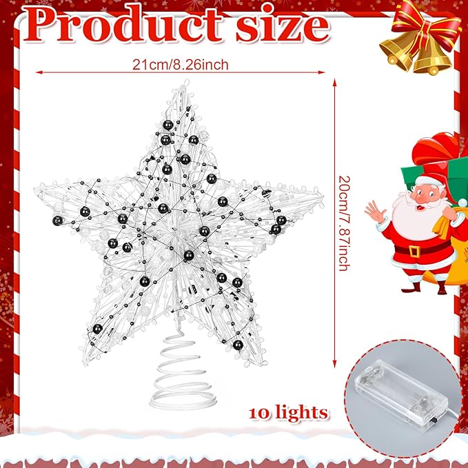 Black and White Christmas Tree Topper 8.3" Star Tree Topper Lighted Christmas Decor 3D Star Treetop LED Battery Light Spooky Xmas Ornament for Holiday Party Nightmare Indoor Outdoor Home Decor