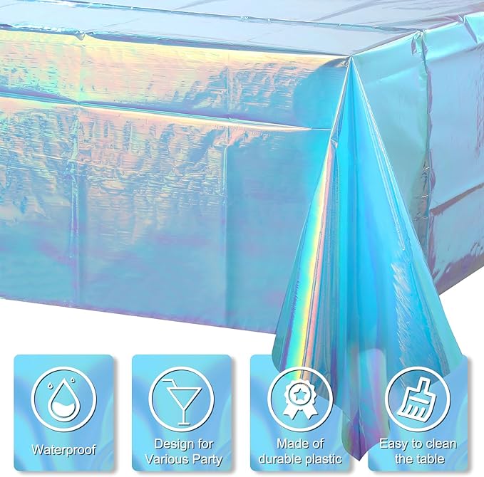 3 Pack Iridescent Blue Plastic Tablecloth, Shiny Blue Disposable Laser Rectangle Table Covers, Blue Holographic Foil Tablecloth Party Decorations for Birthday Bridal Wedding Christmas, 40 x 108 Inch