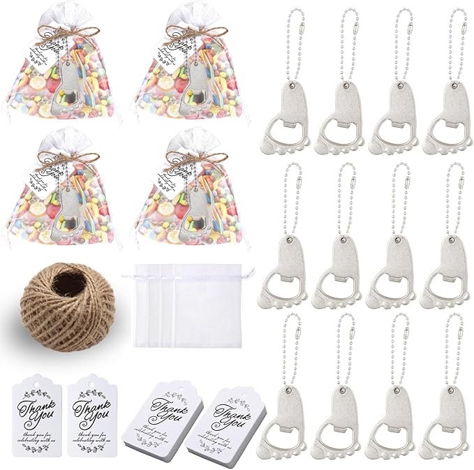 50 PCS Baby Footprint Keychains Bottle Opener, Baby Shower Party Favors Bottle Opener,Baby Shower Favors for Guests with Organza Bag (Silver)