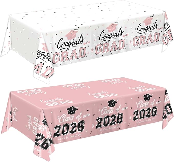 Oigco 2 Pack Pink Graduation Tablecloths, Graduation Decorations Class of 2026, Congrats Grad Plastic Table Cloths for Graduation Party Decorations, 54 x 108 Inch