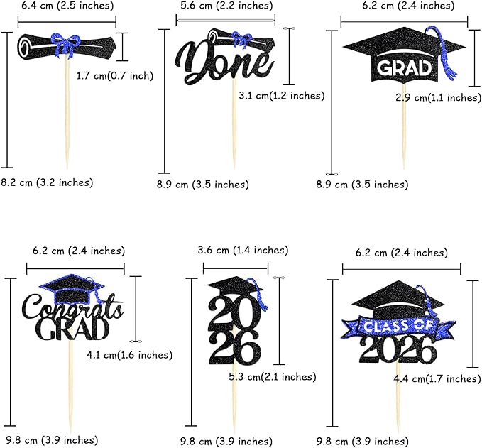 24 Pack 2026 Congrats Grad Cupcake Toppers Set, Graduation Cupcake Decor, Class of 2026 Cupcake Picks for Senior High School College Grad Party Decorations(Black with Royal Blue) A