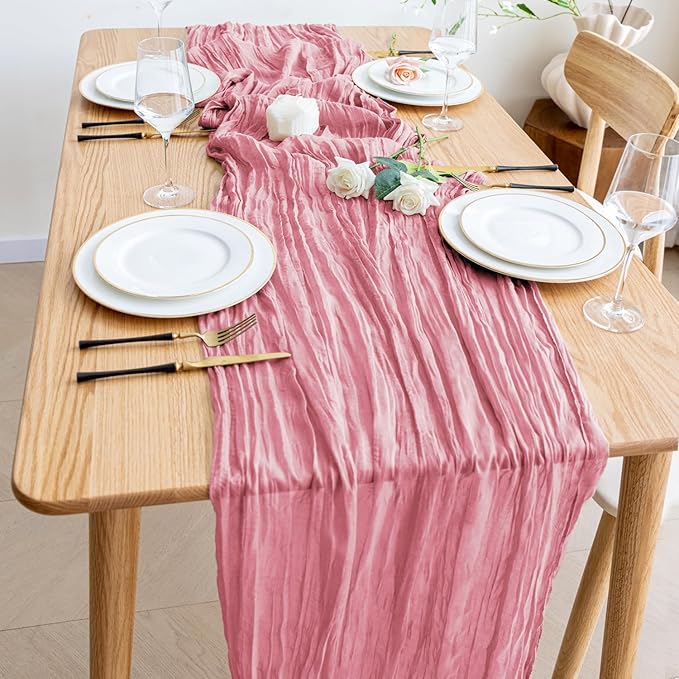 Wokceer Cheesecloth Table Runner 3Pack 10FT Dusty Rose Boho Gauze Cheese Cloth Table Runner for Party Long Rustic Sheer Table Runners for Baby Bridal Shower Wedding Easter Table Decor