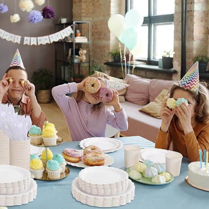 LIYH 350 Pcs White Paper Plates and Napkins 50 Guest Party Supplies Include White Scalloped Disposable Paper Plates Cocktail Napkins Cups Cutlery for Baby Shower,Birthday