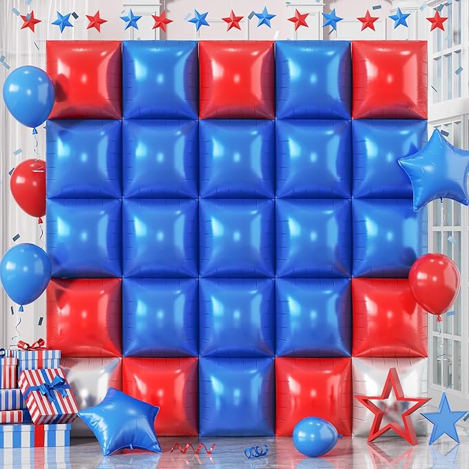 Blue Red Square Balloon Foil, 25PCS Double Sided Royal Blue Red and Metallic Silver Square Foil Balloon Backdrop Wall for 4th of July Independence Day Memorial Day Baseball Sport Birthdays Graduation