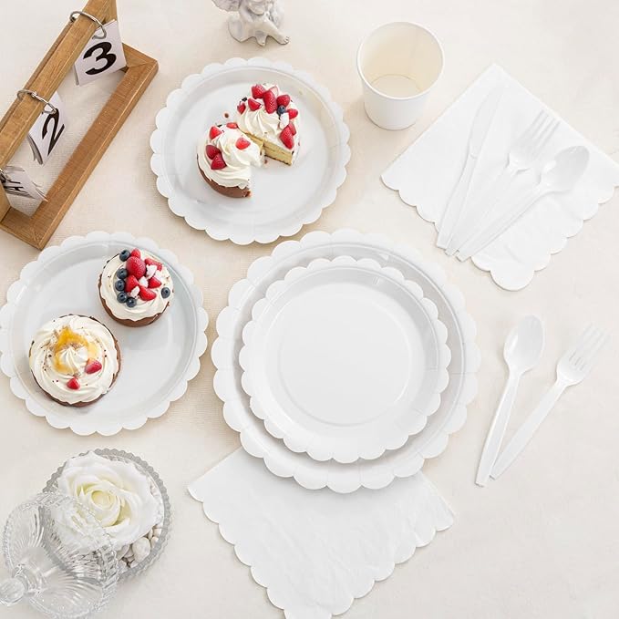 LIYH 350 Pcs White Paper Plates and Napkins 50 Guest Party Supplies Include White Scalloped Disposable Paper Plates Cocktail Napkins Cups Cutlery for Baby Shower,Birthday