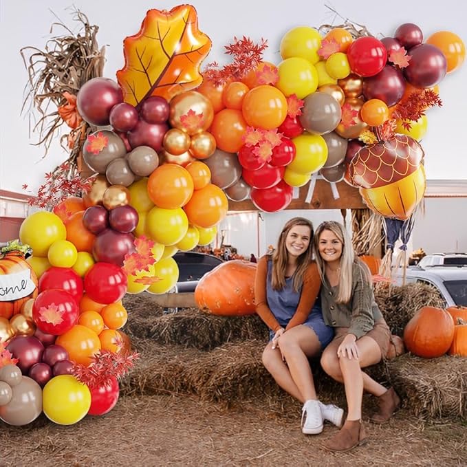 Fall Thanksgiving Balloon Arch Kit, 142Pcs Burnt Orange Burgundy Yellow Balloons with Maple Leaf Pumpkin Foil Balloons for Autumn Little Pumpkin Baby Shower Birthday Friendsgiving Party Decorations
