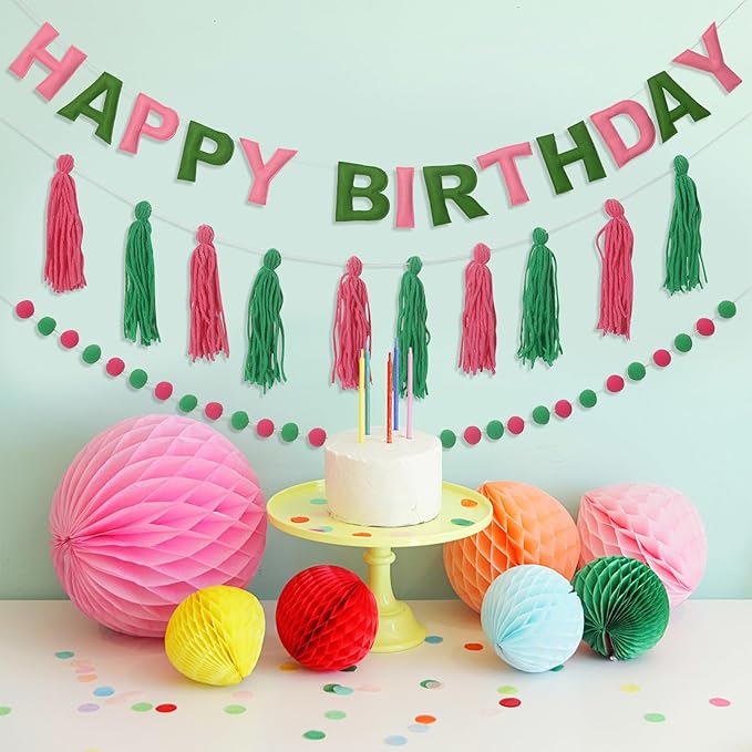 Pre-Strung Happy Birthday Banner Pink and Green Party Decorations Felt Ball Garland Sign for Witch Theme Birthday Party Décor