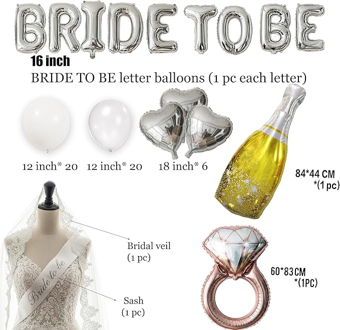 Silver Decorations pearl White balloons Bridal Veil BRIDE TO BE Balloons Sash with Diamond Ring Heart Champagne Balloons Bridal Veil for Bachelorette Party Decor Bride To Be Bridal Shower