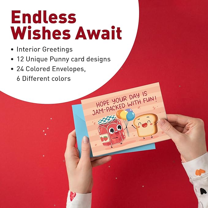 Sweetzer & Orange Funny Birthday Cards Bulk Set – 24 Punny Cards (12 Designs, 2 Each) with 24 Colorful Envelopes & Storage Box – Funny Messages – Cute Birthday Cards for Kids, Adults, Friends & Family