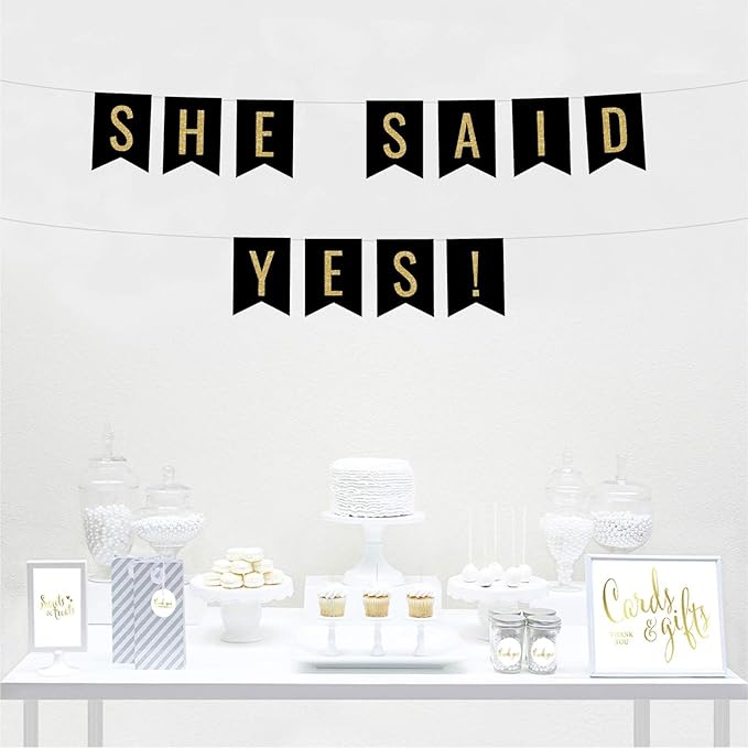 Andaz Press Faux Gold Glitter on Black Wedding Party Banner Decorations, She Said Yes!, Approx 5-Feet, 1-Set, Colored Hanging Pennant Decor