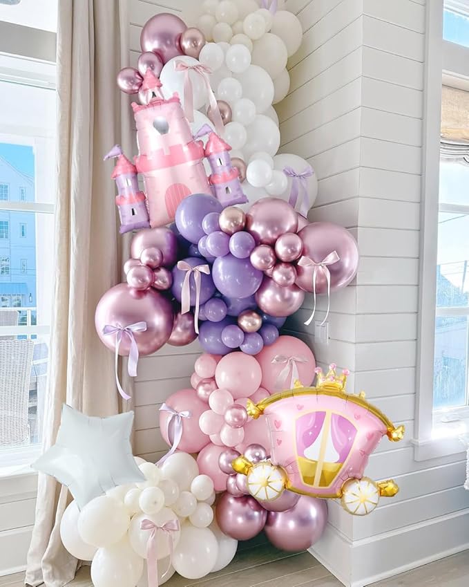 Princess Balloon Garland Arch Kit, 161pcs Pastel Pink Purple Chrome Gold Balloons with Castle Carriage Star Foil Balloons for Girls Princess Birthday Party Supplies Baby Shower Decorations