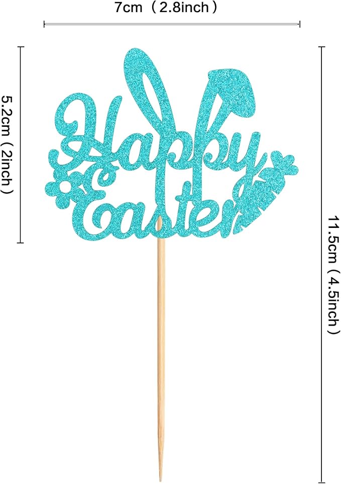 Ercadio 24Pcs Happy Easter Cupcake Toppers Glitter Blue Happy Easter Bunny Ears Cupcake Picks for Easter Day Theme Baby Shower Easter Birthday Party Cupcake Decorations