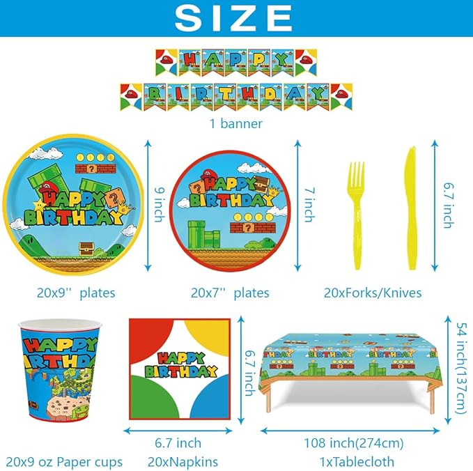 122Pcs Disposable Tableware Fits for Super Bros Party Supplies Table Decoration Kit for 20-Guests Includes Banner, Tableloth, Plates, Cups, Napkins, Forks and Knives