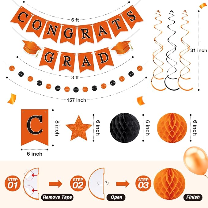Congrats Grad Banner 2026 Graduation Decoration with Hanging Swirl Honeycomb Ball Circle Garland Grad Party Supplies for College Senior High School Classroom Decor(Orange and Black)