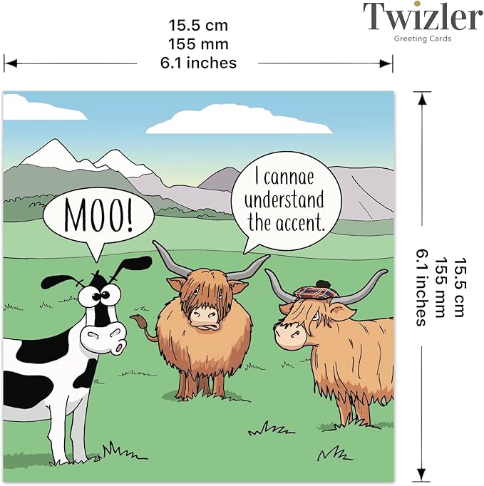 Twizler Funny Card with Highland Cows - Funny Birthday Card for Men or Women Blank Inside - Scottish Happy Birthday for Her Him Dad Husband Mom Wife
