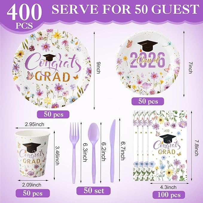 400 Pcs Class of 2026 Purple Floral Graduation Decoration for 50 Guests, Purple Gold Flower Graduation Paper Plates Napkins Cups Cutlery Grad Tableware for 2026 Congrats Grad Party Supply