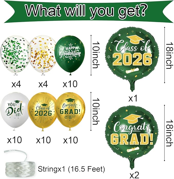 Green and Gold Graduation Balloons Graduation Decorations 2026, 51Pcs Grad Latex Balloons and Grad Foil Balloon with Confetti Ribbons Grad Party Decorations for College High School