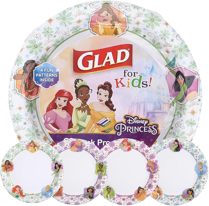 Glad for Kids Disney Princess Disposable Paper Plates, Floral Frames - Heavy Duty, Soak Proof, Microwavable, Kid-Friendly Snack Plates for Everyday Use, 10 Inch, 30 Count