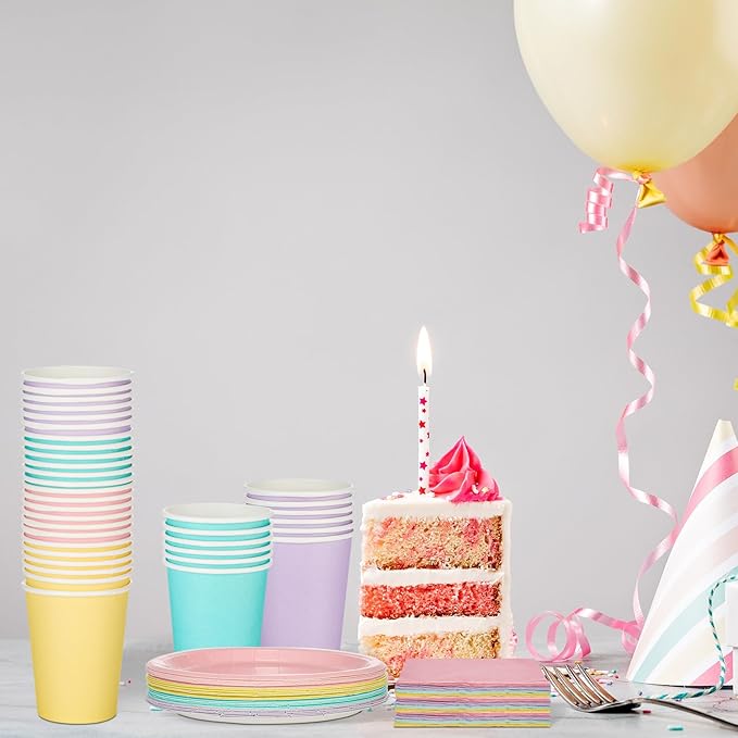 meekoo 72 Pcs Pastel Party Supplies Disposable 7" Pastel Paper Plates Napkins Paper Cups Serve 24 Guests, Macaron Color Tableware Sets for Birthday Wedding Baby Shower Party Decoration