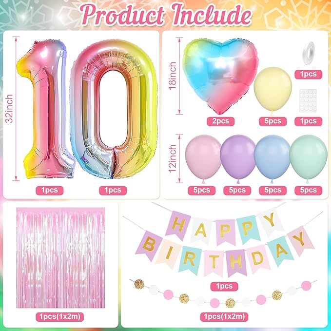 10th Birthday Decorations Rainbow,Gradient Number 10 Balloon,Pastel Happy Birthday Banner Fringe Curtain Heart Foil Balloons Boys Girls 10 Year Old Decor