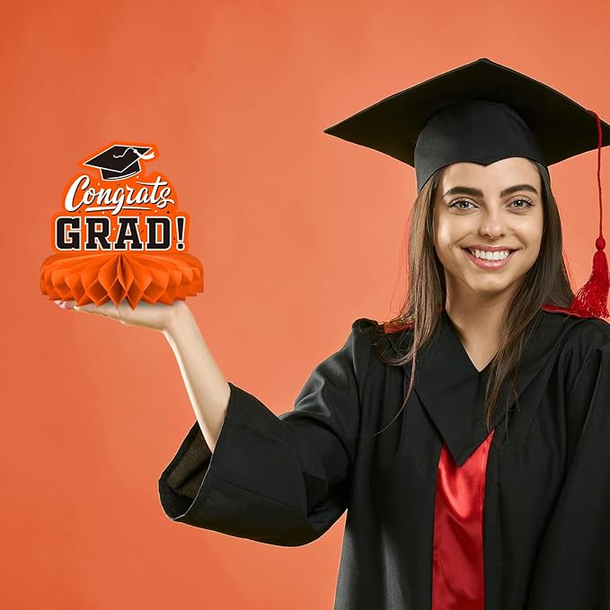9PCS Graduation Party Decorations Class of 2026 Congrats Grad Table Centerpiece Congratulate Graduation Honeycomb Table Toppers for Graduation Party Supplies(Orange,Black）