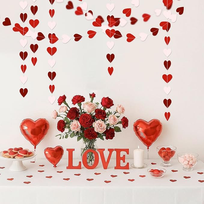 Pink Burgundy Red Party Decorations – 52Ft Paper Heart Garland Streamer Birthday Banner Engagement Bachelorette Mothers Day Wedding Anniversary Baby Bridal Shower Valentines Day Hanging Decor