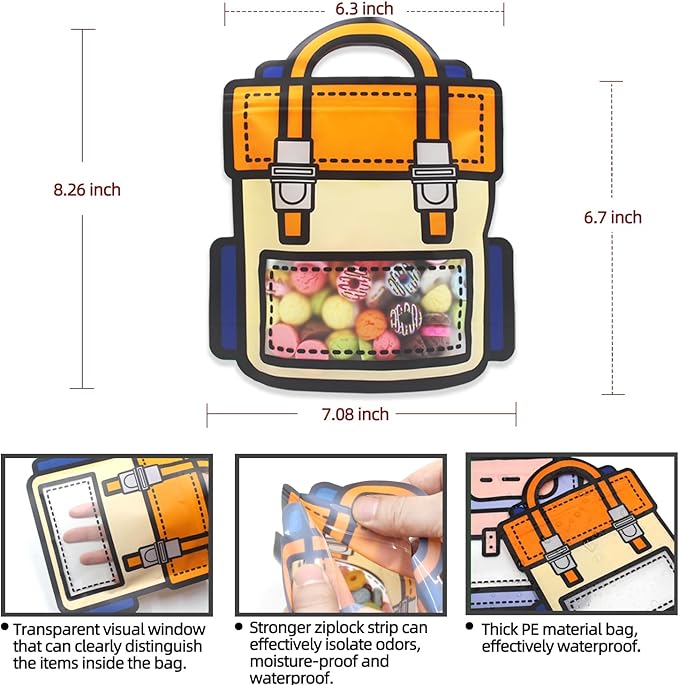 30 Pack Cartoon Backpack Goodie Bags with Handle Small Plastic Ziplock Seal Bags Smell Proof Resealable Packaging Storage Candy Bag Party Favor Birthday Gift Bags(Orange)